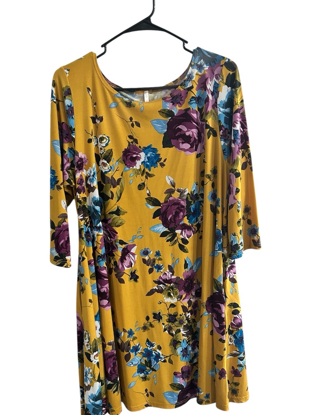 Mustard Yellow Floral Midi Dress with Purple & Blue Blooms